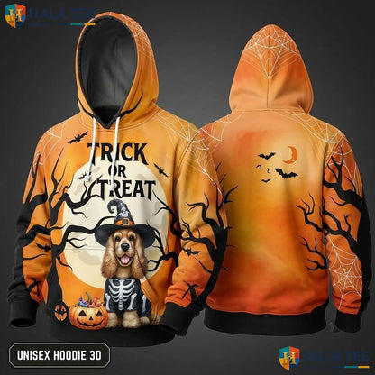 Cocker Spaniel Trick Or Treat 3D Hoodie Cute Pumpkin Bat Halloween Top