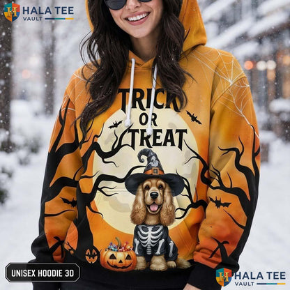 Cocker Spaniel Trick Or Treat 3D Printed Hoodie Cute Pumpkin Bat Halloween Top