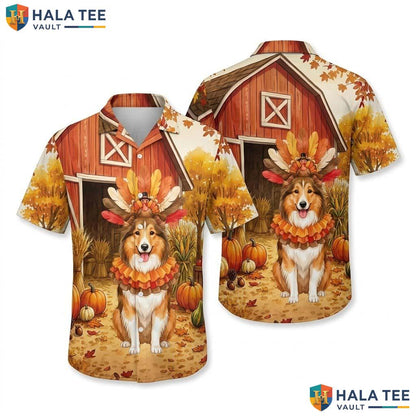 Collie Costume Thanksgiving Hawaiian Shirt Dog In Turkey Fall Scene