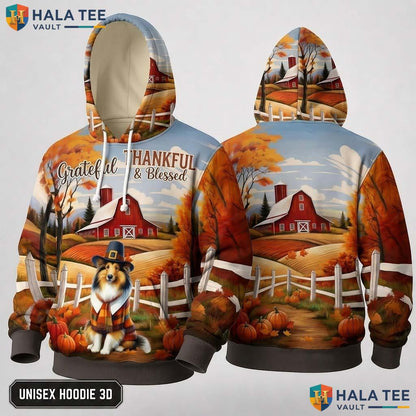 Collie Pilgrim Autumn Thanksgiving 3D Hoodie Grateful Thankful Fall