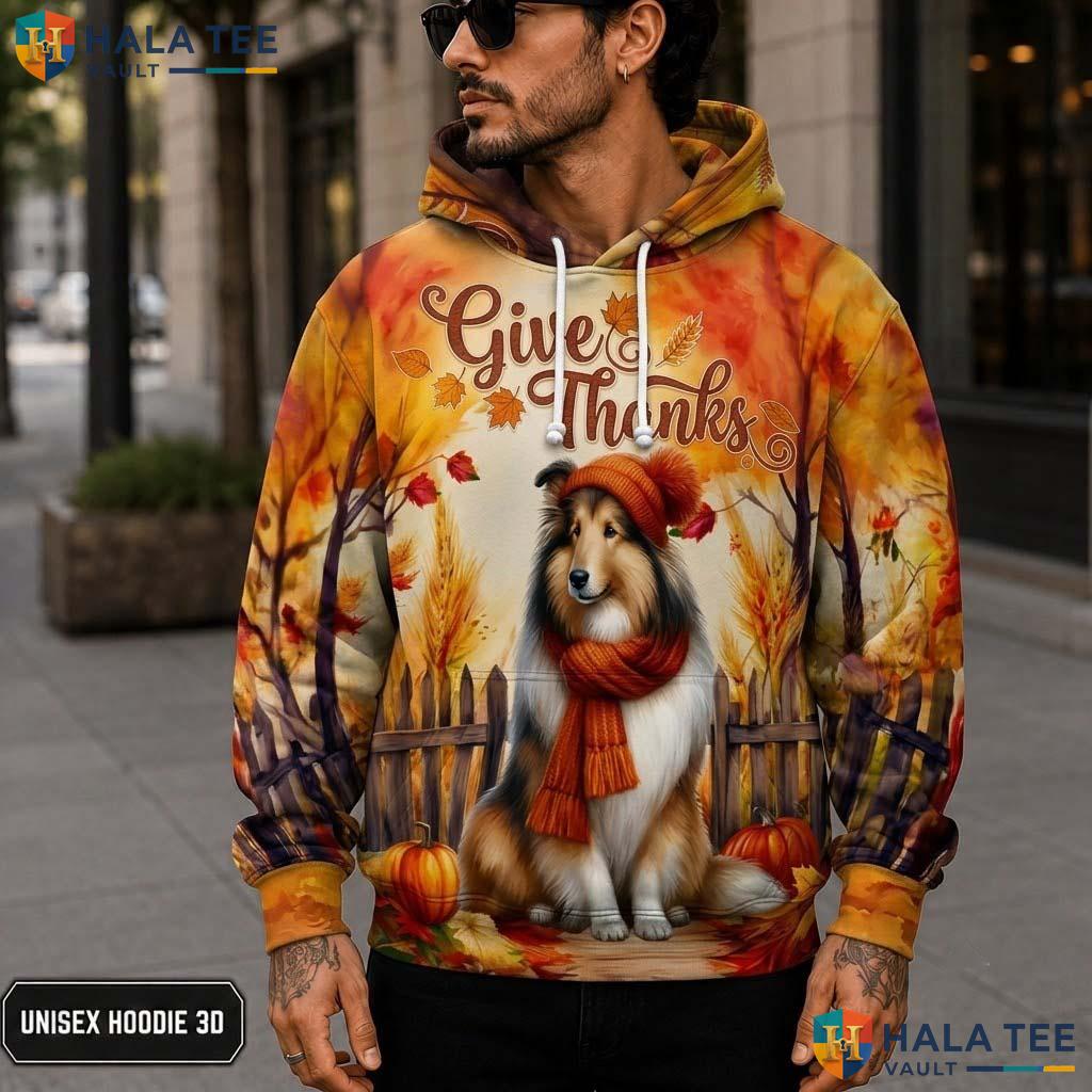 Collie Pumpkins Leaves Thanksgiving 3D Printed Hoodie Give Thanks Fall Top