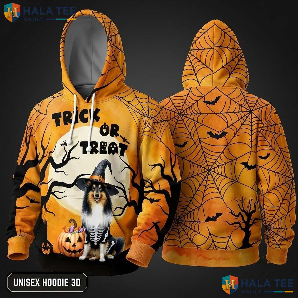 Collie Trick Or Treat 3D Hoodie Cute Pumpkin Bat Halloween Dog Graphic