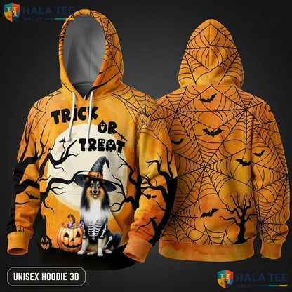 Collie Trick Or Treat 3D Hoodie Cute Pumpkin Bat Halloween Dog Graphic