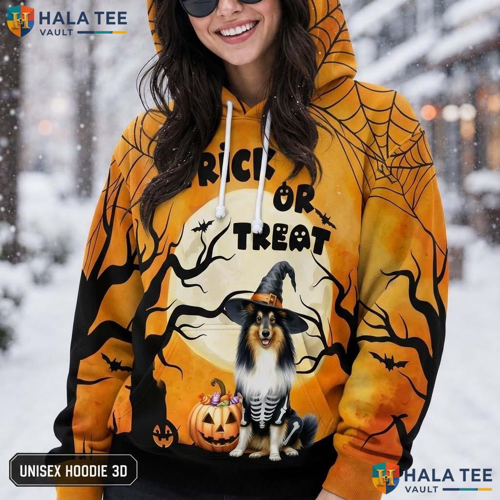 Collie Trick Or Treat 3D Printed Hoodie Cute Pumpkin Bat Halloween Dog Graphic