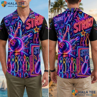 Colorful Bowling Fan Hawaiian Shirt Vibrant Graphic Mens Summer Button Up
