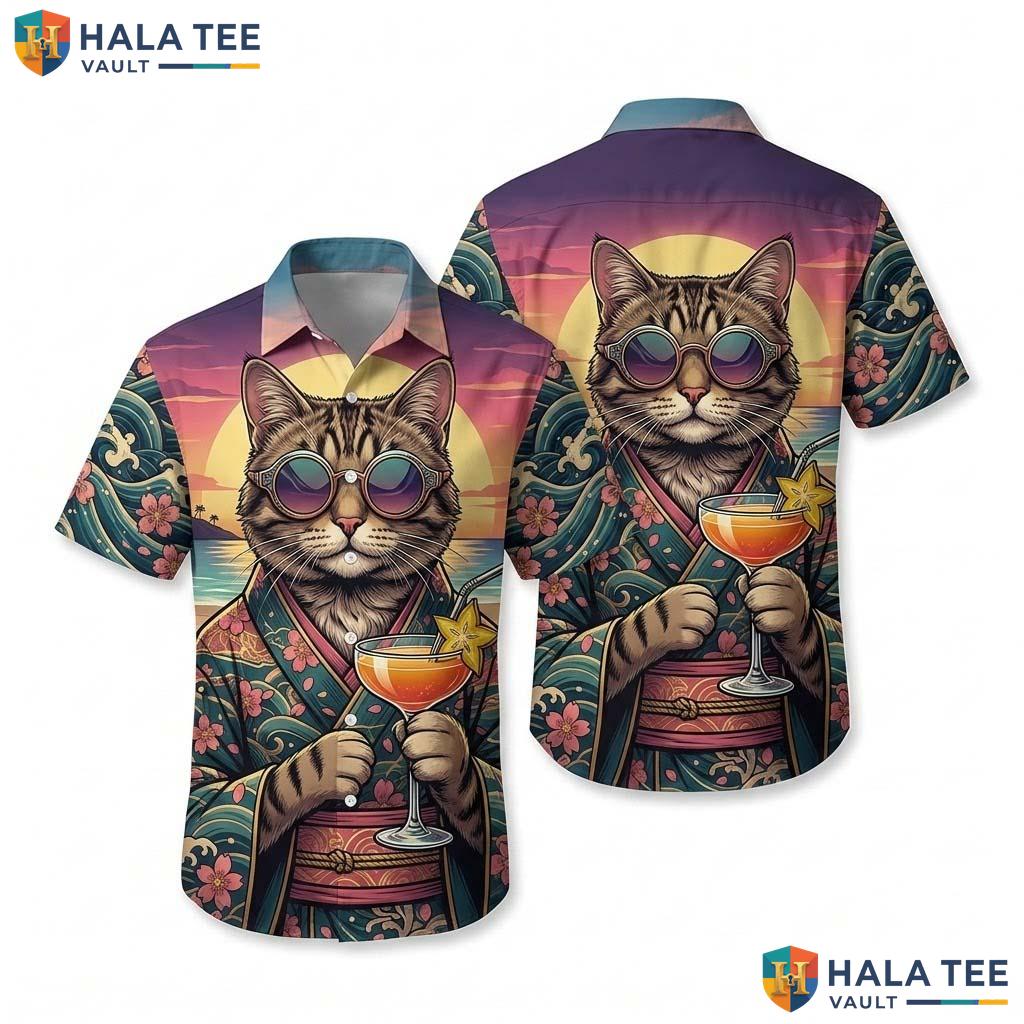 Colorful Cat Aloha Shirt Sunset Beach Tabby Kimono Cocktail Button Down Top