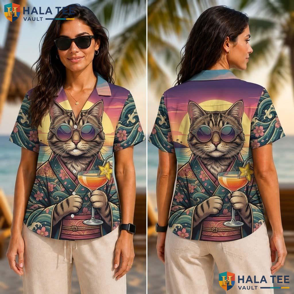 Colorful Cat Tropical Shirt Sunset Beach Tabby Kimono Cocktail Button Down Top