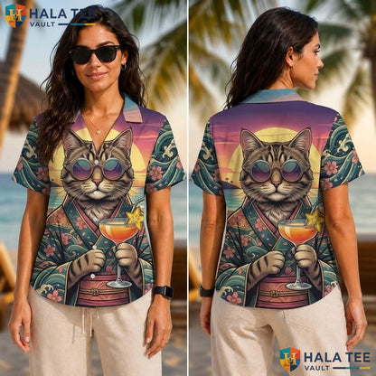 Colorful Cat Tropical Shirt Sunset Beach Tabby Kimono Cocktail Button Down Top