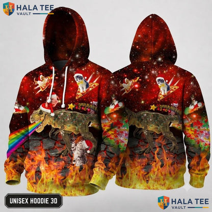 Colorful Cat Dinosaur Christmas 3D Hoodie Funny Holiday Pullover