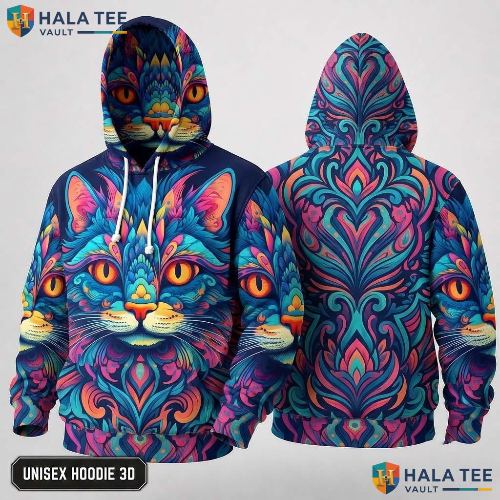 Colorful Cat Face 3D Hoodie Artistic Pattern Bold Graphic Streetwear