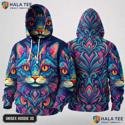 Colorful Cat Face 3D Hoodie Artistic Pattern Bold Graphic Streetwear