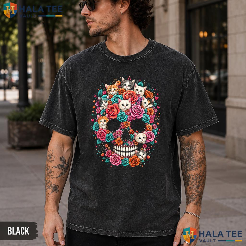 Colorful Cat Skull Washed T-Shirt Cute Kitty Skeleton Halloween Graphic