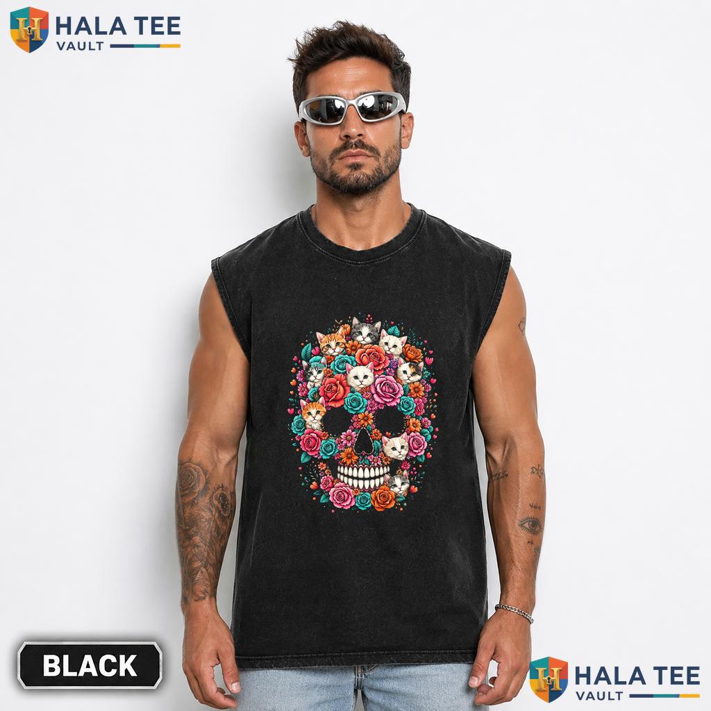 Colorful Cat Skull Streetwear Washed T-Shirt Cute Kitty Skeleton Halloween Graphic