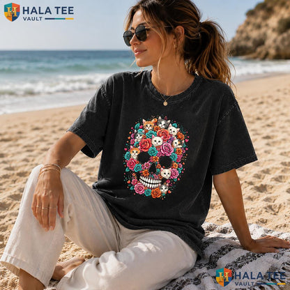 Colorful Cat Skull Heavyweight Washed Shirt Cute Kitty Skeleton Halloween Graphic