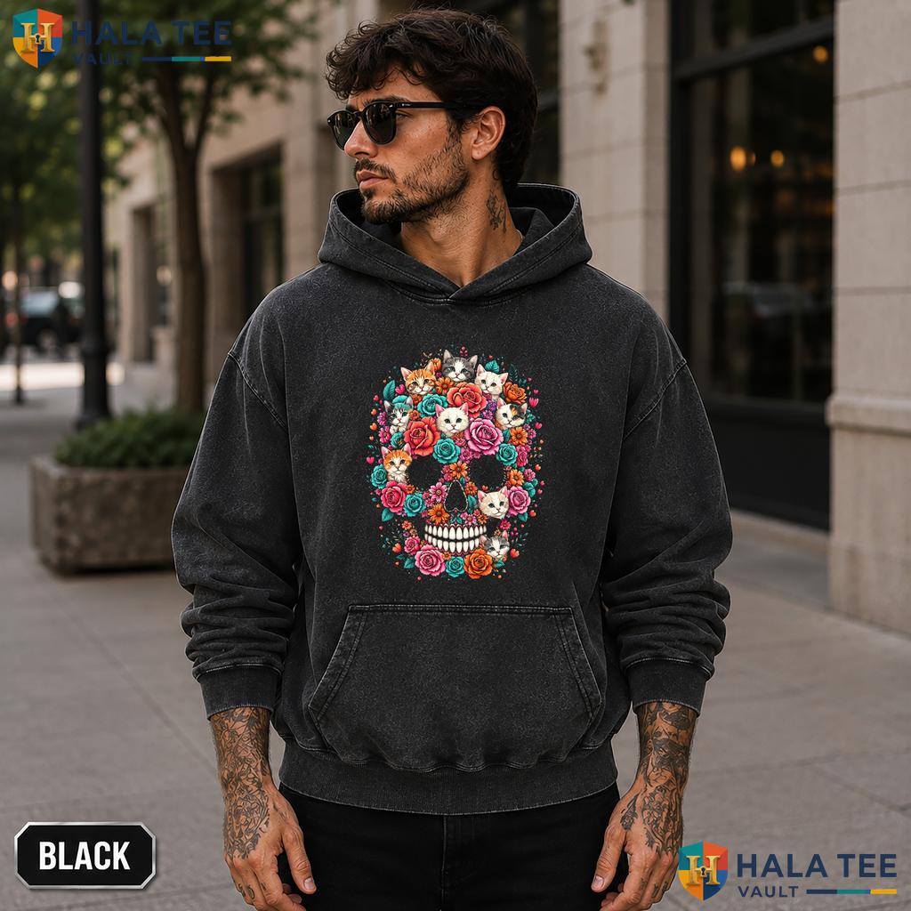Colorful Cat Skull Acid Washed T-Shirt Cute Kitty Skeleton Halloween Graphic