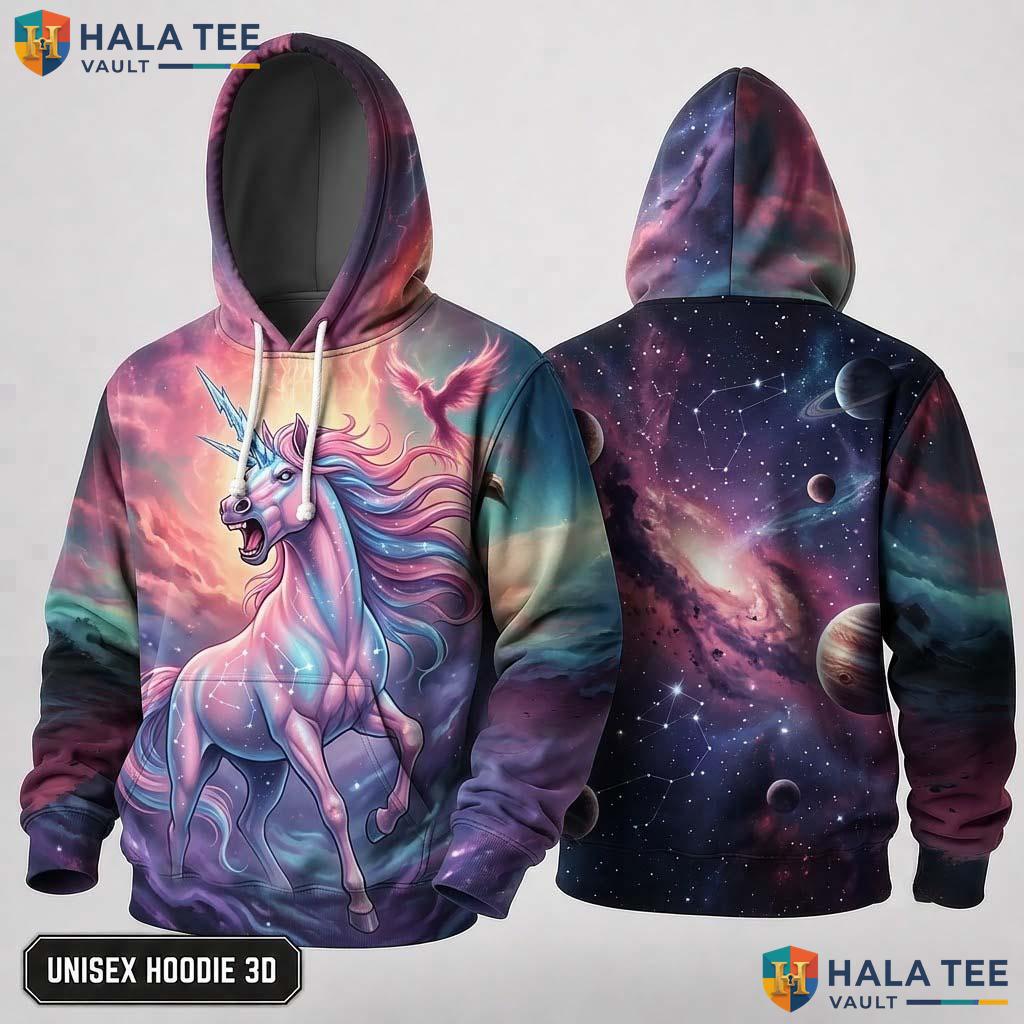 Colorful Cosmic Unicorn 3D Hoodie Vibrant Magical Graphic Streetwear