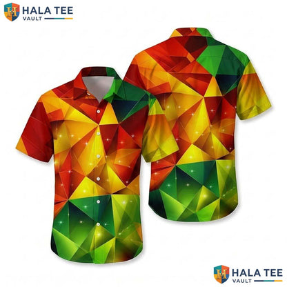 Colorful Dinosaur Aloha Shirt Rainbow Geometric Gem Print Summer Button Down