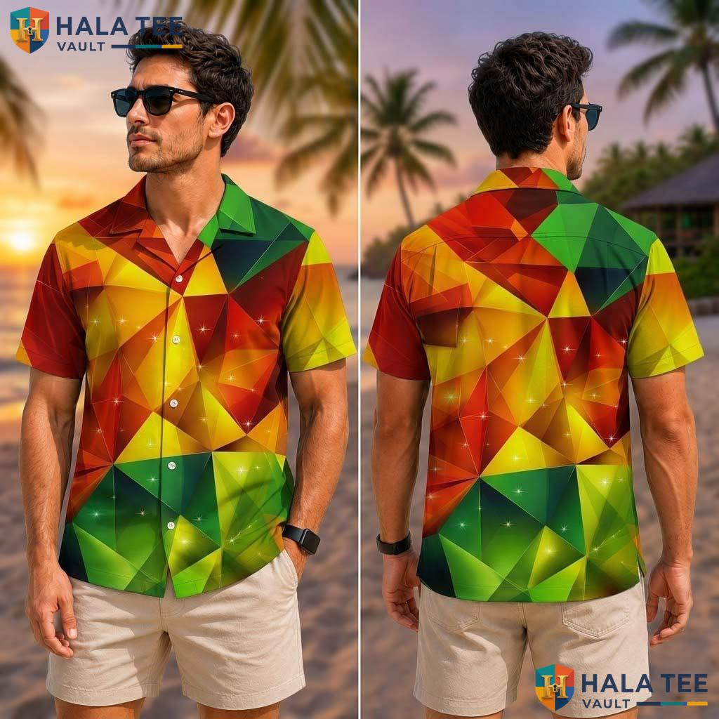 Colorful Dinosaur Tropical Shirt Rainbow Geometric Gem Print Summer Button Down