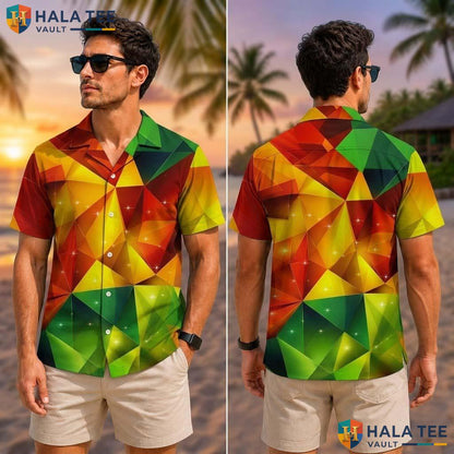 Colorful Dinosaur Tropical Shirt Rainbow Geometric Gem Print Summer Button Down