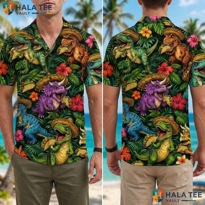 Colorful Dinosaur Aloha Shirt Vibrant Mens Casual Summer Beach Button Down Adult