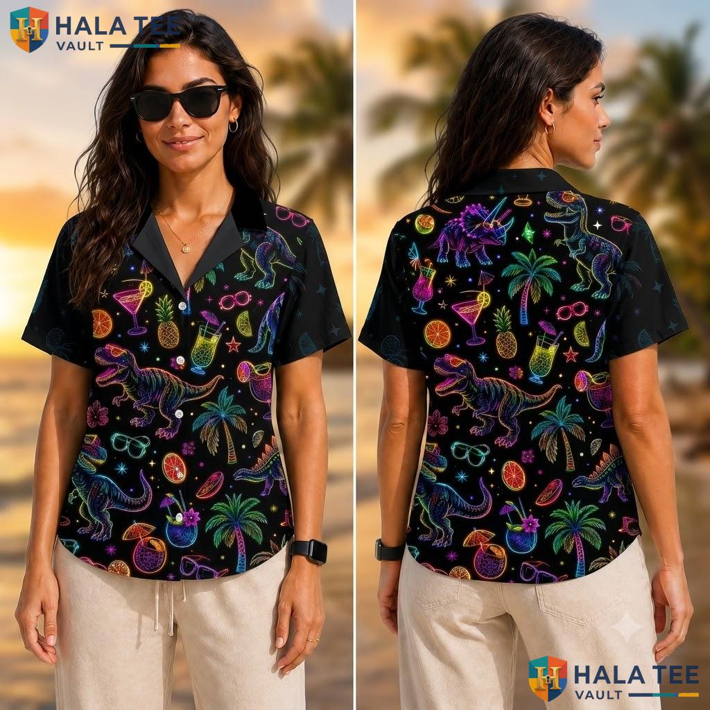 Colorful Dinosaur Tropical Hawaiian Shirt Black Summer Button Down Boys