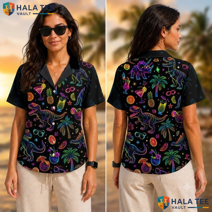 Colorful Dinosaur Tropical Hawaiian Shirt Black Summer Button Down Boys