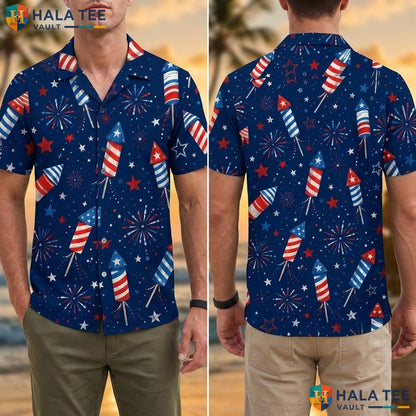 Colorful Fireworks Aloha Shirt Navy Blue Short Sleeve Summer Button Down Adult