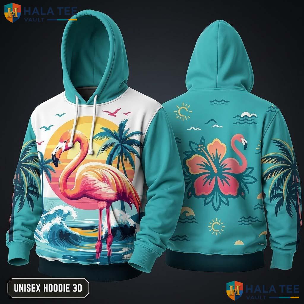 Colorful Flamingo Palm Tree 3D Hoodie Vibrant Tropical Graphic Apparel