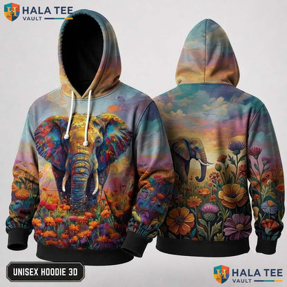 Colorful Floral Elephant 3D Hoodie Vibrant Graphic Design Casual Wear