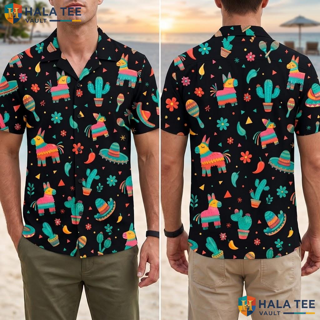 Colorful Pinata Hawaiian Shirt Fun Tropical Print Beach Party Festival Top Adult