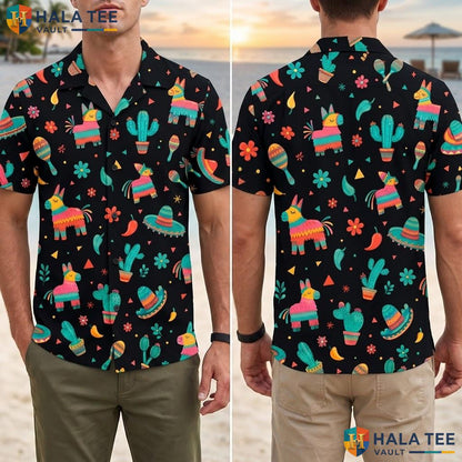 Colorful Pinata Hawaiian Shirt Fun Tropical Print Beach Party Festival Top Adult