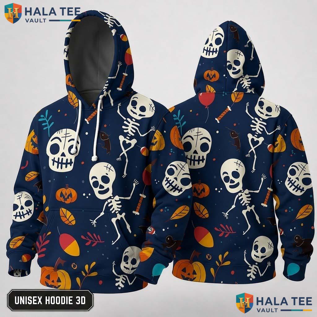Colorful Pumpkin Skeleton 3D Hoodie Cute Graphic Halloween Sweatshirt