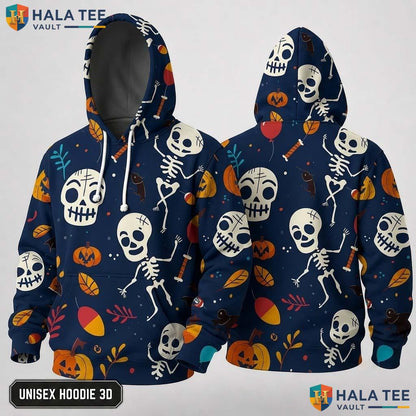 Colorful Pumpkin Skeleton 3D Hoodie Cute Graphic Halloween Sweatshirt