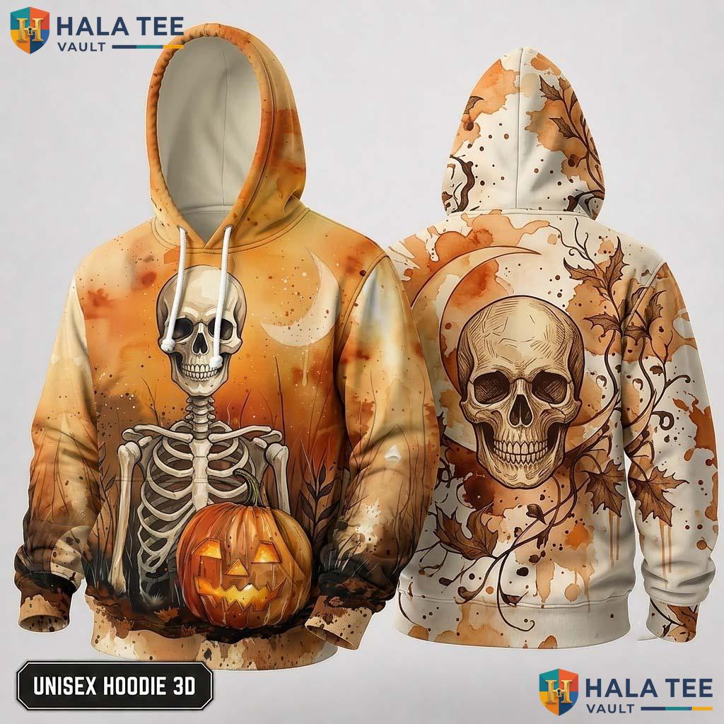 Colorful Skeleton Pumpkin 3D Hoodie Playful Graphic Halloween Apparel