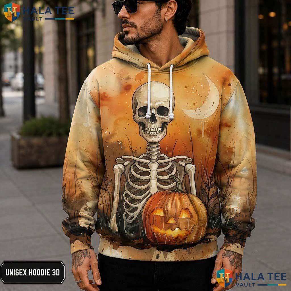 Colorful Skeleton Pumpkin 3D Printed Hoodie Playful Graphic Halloween Apparel