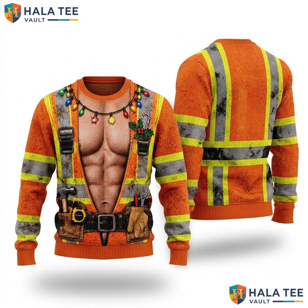Construction Worker Muscle Ugly Christmas Sweater Funny Xmas Graphic