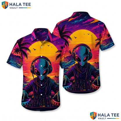 Cool Alien Dj Hawaiian Shirt Vibrant Graphic Short Sleeve Tropical Top