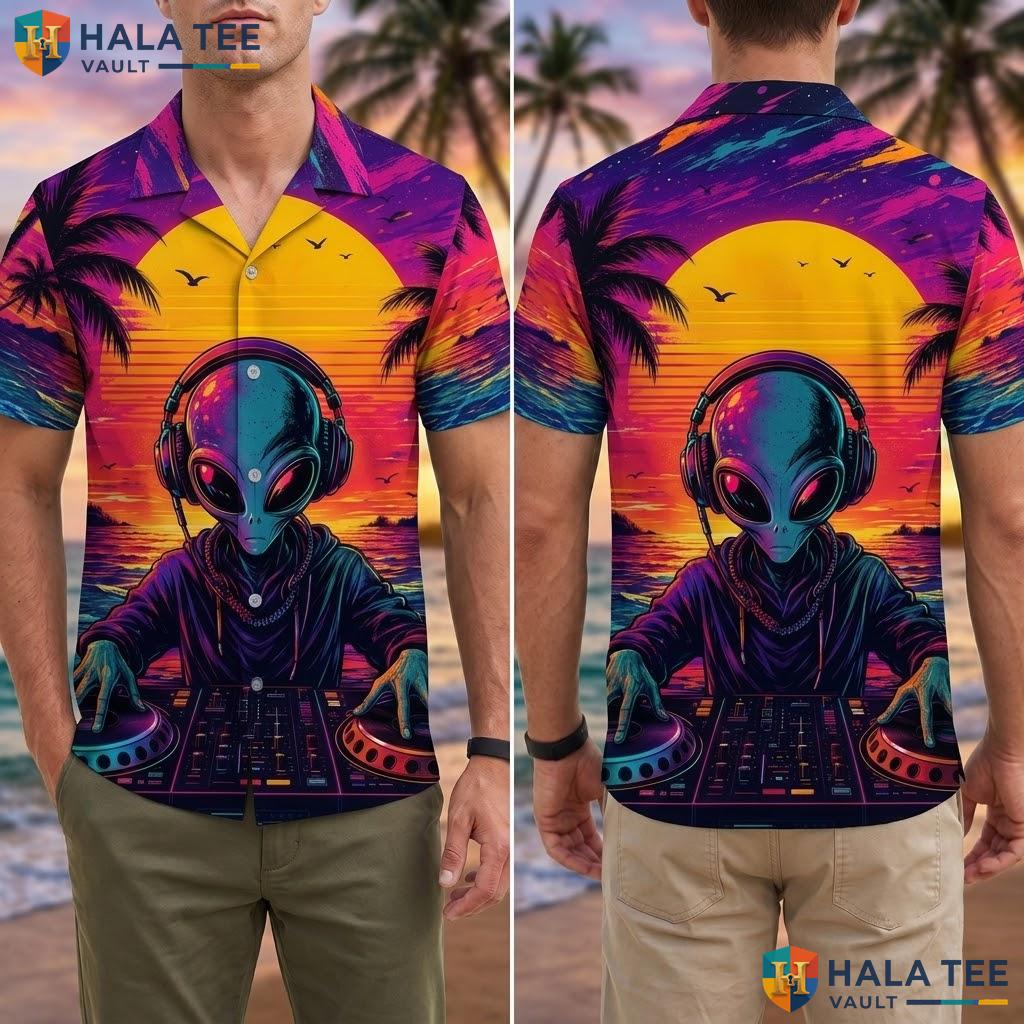 Cool Alien Dj Hawaiian Shirt Vibrant Graphic Short Sleeve Tropical Top Adult