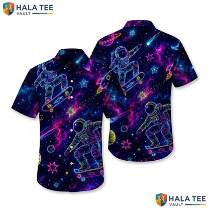 Cool Astronaut Graphic Aloha Shirt Vibrant Cosmic Skateboarding Mens Top