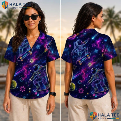 Cool Astronaut Graphic Aloha Shirt Vibrant Cosmic Skateboarding Mens Top Adult