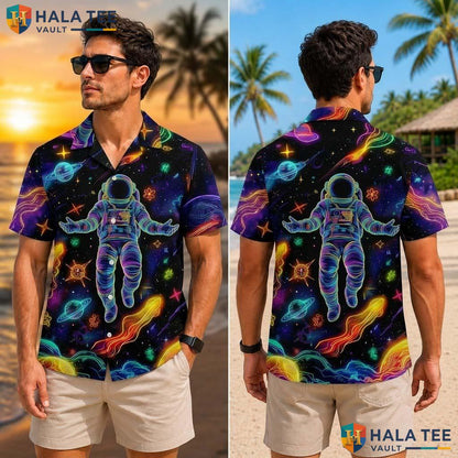 Cool Astronaut Graphic Tropical Shirt Neon Space Design For Boys Young Adult