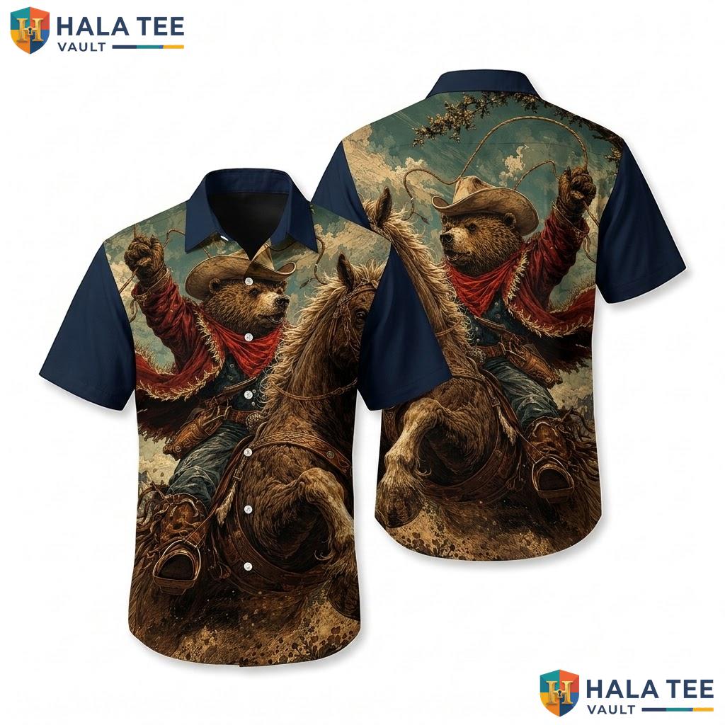 Cool Bear Cowboy Hawaiian Shirt Funny Graphic Print Summer Vacation Top