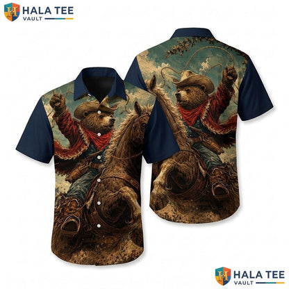 Cool Bear Cowboy Hawaiian Shirt Funny Graphic Print Summer Vacation Top