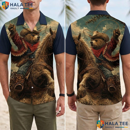 Cool Bear Cowboy Hawaiian Shirt Funny Graphic Print Summer Vacation Top Adult
