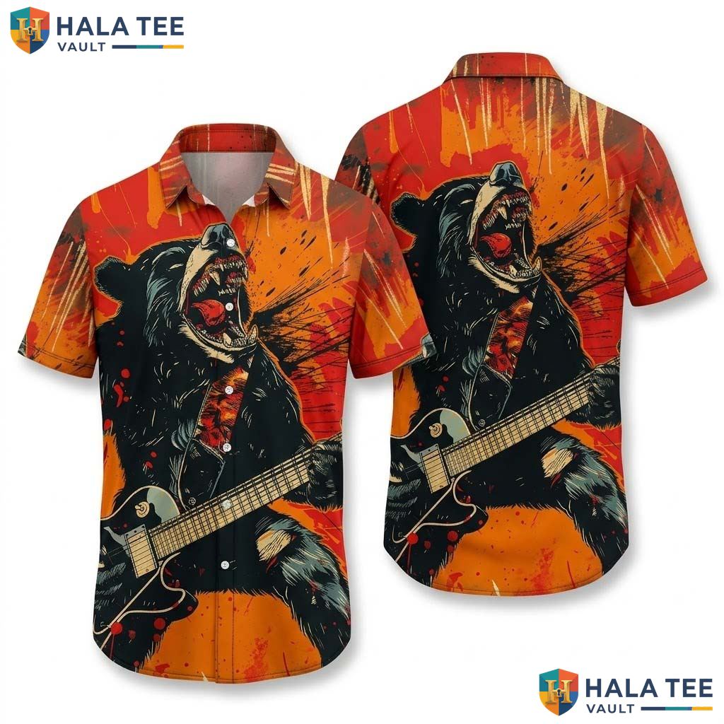 Cool Bear Electric Guitar Hawaiian Shirt Vibrant Casual Music Lover Button Down