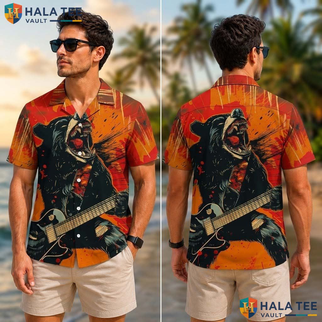 Cool Bear Electric Guitar Tropical Shirt Vibrant Casual Music Lover Button Down