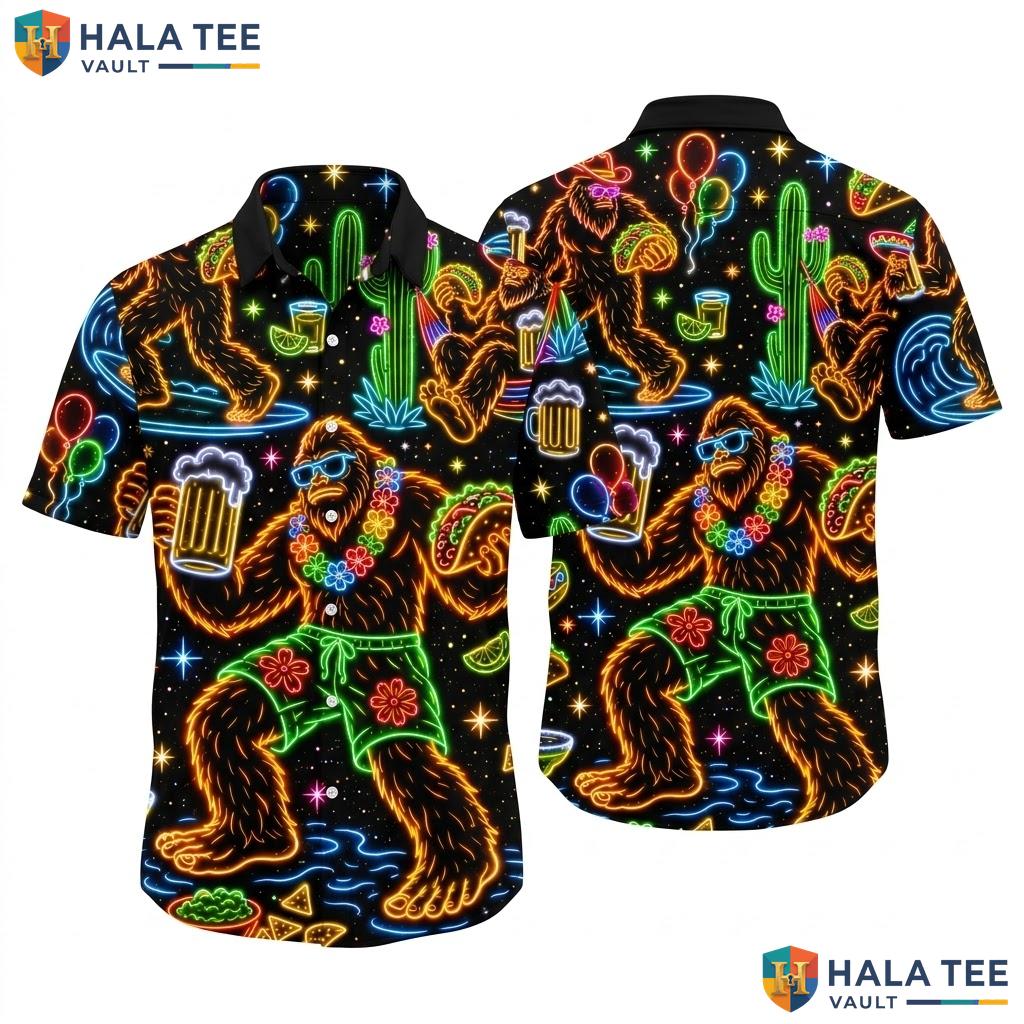 Cool Bigfoot Hawaiian Shirt Vibrant Summer Beer Beach Ball Button Down