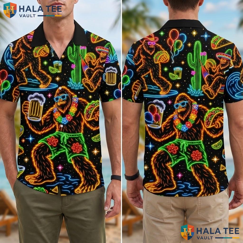 Cool Bigfoot Hawaiian Shirt Vibrant Summer Beer Beach Ball Button Down Adult