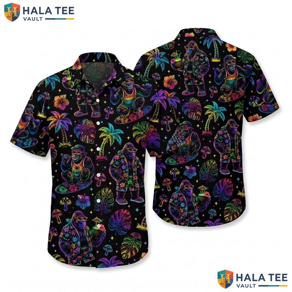 Cool Bigfoot Tropical Hawaiian Shirt Vibrant Neon Palm Leaves Summer Top
