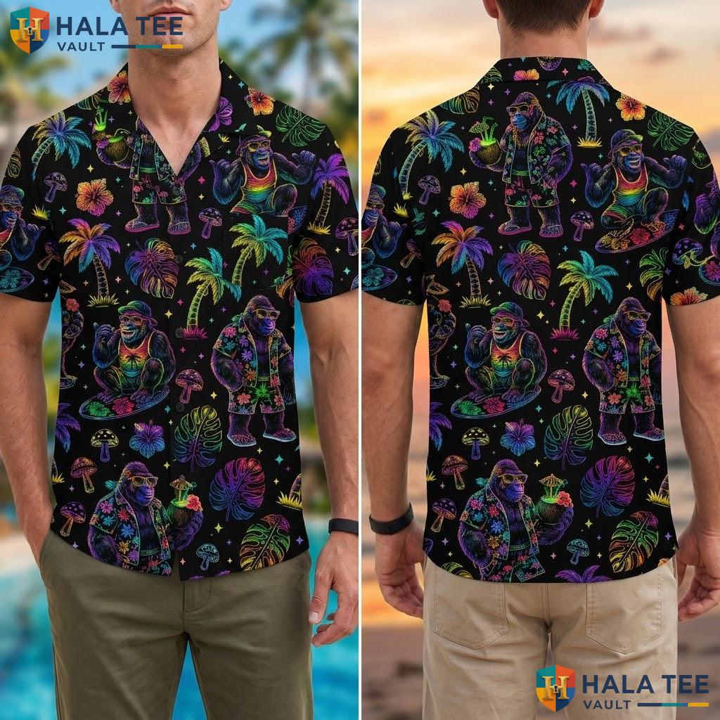 Cool Bigfoot Tropical Hawaiian Shirt Vibrant Neon Palm Leaves Summer Top Adult